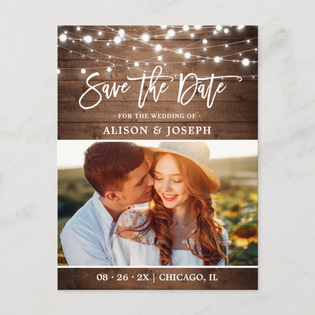 Postal Rustic Wood String Lights Photo Save the Date (Anverso)