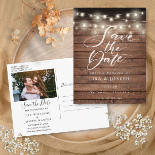 Postal Rustic Wood String Lights Save the Date Photo