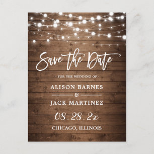 Postal Rustic Wood String Lights Wedding Save the Date