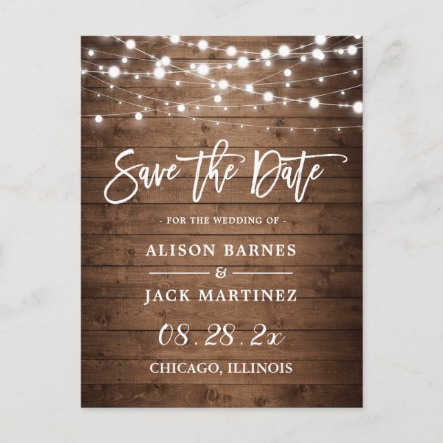 Postal Rustic Wood String Lights Wedding Save the Date (Anverso)