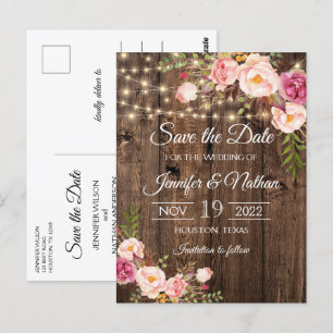 Postal Rustic Wood String Lights Wedding Save the Date