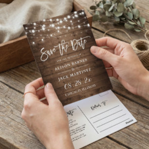 Postal Rustic Wood String Lights Wedding Save the Date