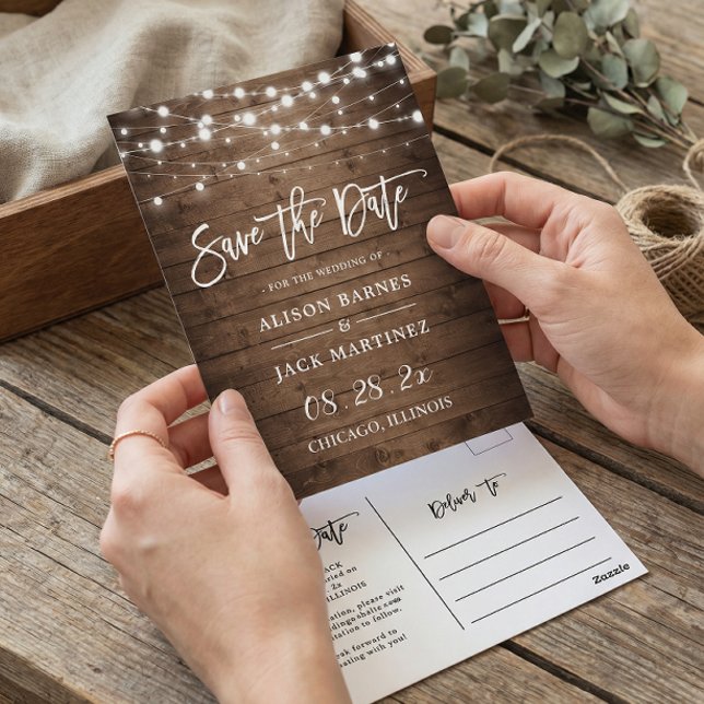 Postal Rustic Wood String Lights Wedding Save the Date (Subido por el creador)