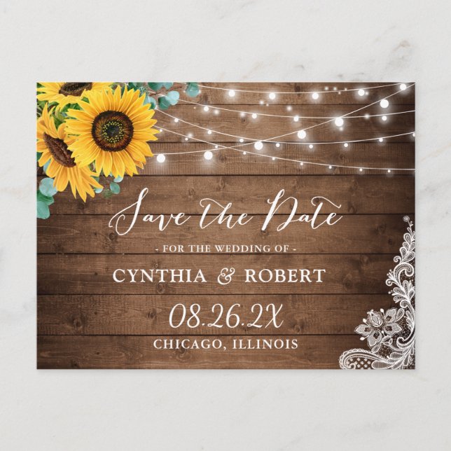 Postal Rustic Wood Sunflower String Luces salva la fecha (Anverso)