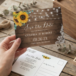 Postal Rustic Wood Sunflower String Luces salva la fecha