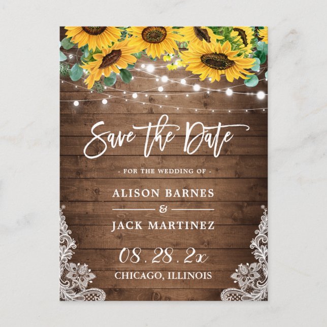 Postal Rustic Wood Sunflowers String Luces para salvar la (Anverso)