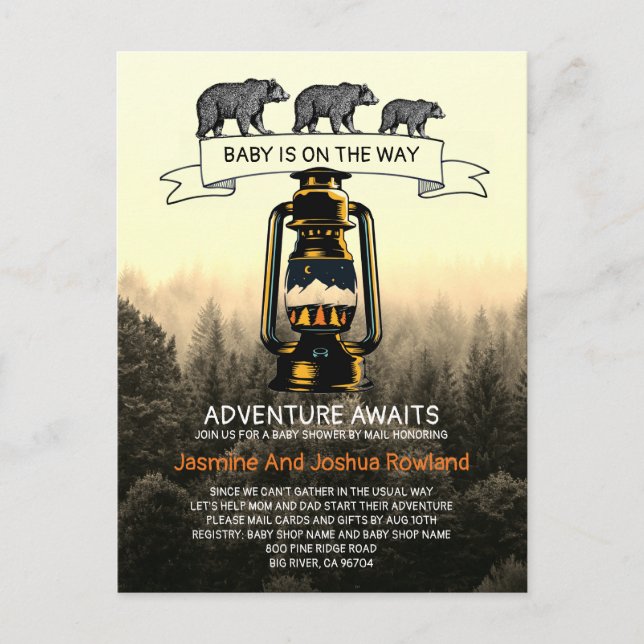 Postal Rustic Woodland lleva Baby Shower Adventure Por Co (Anverso)
