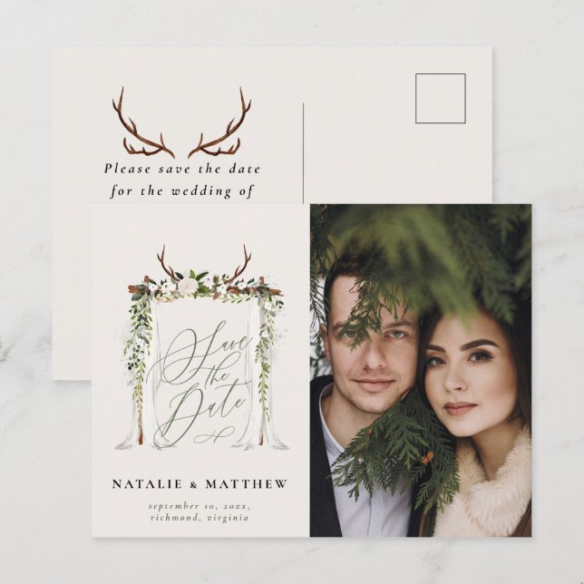 Postal Rústica antler acuarela boho floral salvar la fech (Anverso / Reverso)
