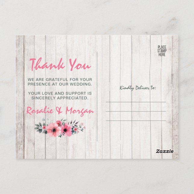 Postal Rústica boda campestre floral de madera gracias fo (Reverso)