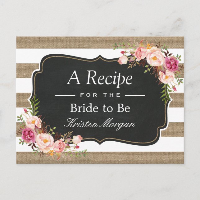 Postal Rústica Burlap Stripes Floral Bridal Shower Receta (Anverso)