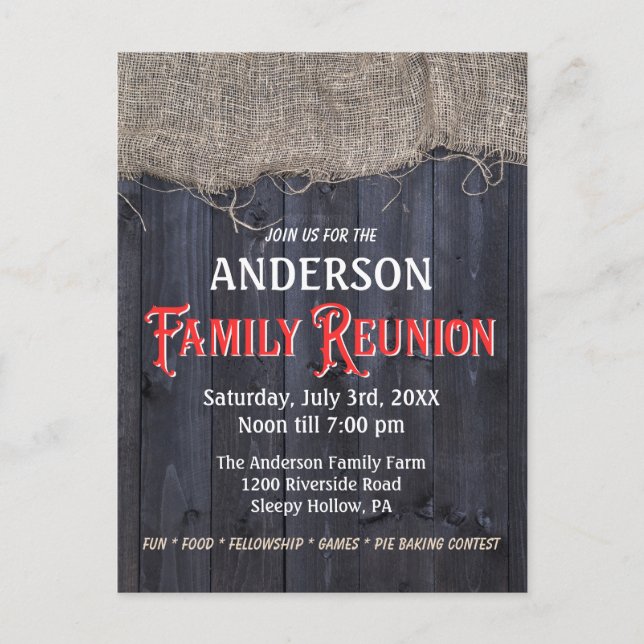 Postal Rústica Burlap y Reunión de la Familia Barn Wood (Anverso)
