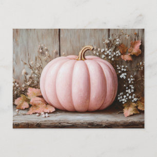 Postal Rústica calabaza rosa hojas otoñales