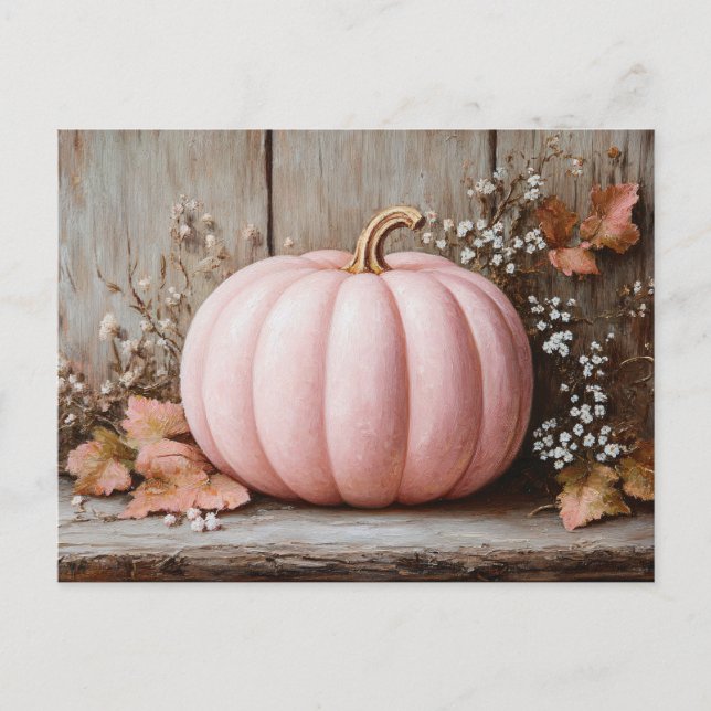 Postal Rústica calabaza rosa hojas otoñales (Anverso)