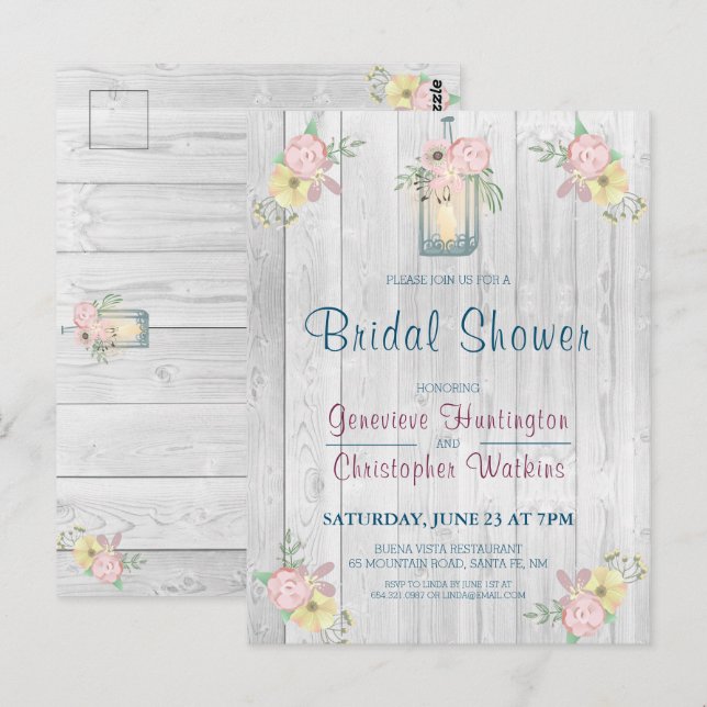 Postal Rústica Floral Barn Wood Lantern Bridal Shower (Anverso / Reverso)