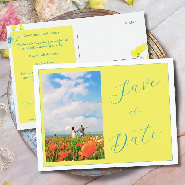 Postal Rústica foto simple azul amarillo salva la fecha (Subido por el creador)