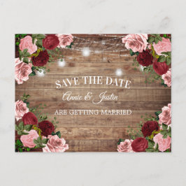 Postal Rústica Madera Borgoña Rubor Pink Floral Save Date