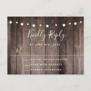 Postal Rústica Tapa de Madera Luces Boda RSVP Postcard