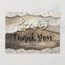 Postal Rústico Amor Rope Burlap Lace Boda Gracias