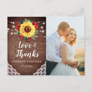 Postal Rústico Boda de encajes de girasol. Gracias