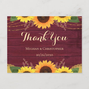 Postal Rústico Boda de girasol de madera de borgoña graci