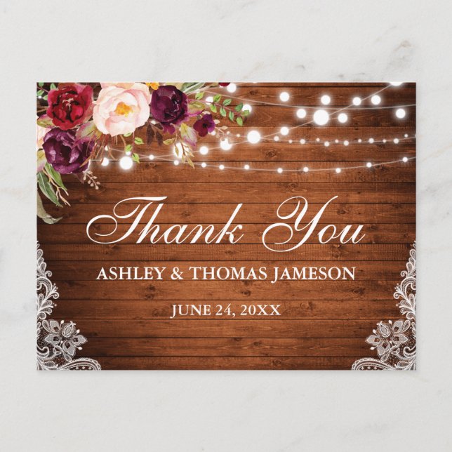 Postal Rústico Boda Wood Floral Lughts Lace Gracias (Anverso)