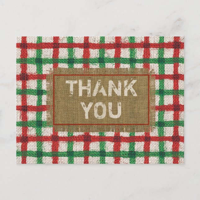 Postal Rústico Burlap Rojo Verde Plaid Holiday. Gracias (Anverso)