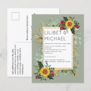 Postal Rústico del país girasoles Rosas de Borgoña Boda