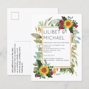 Postal Rústico del país girasoles Rosas de Borgoña Boda