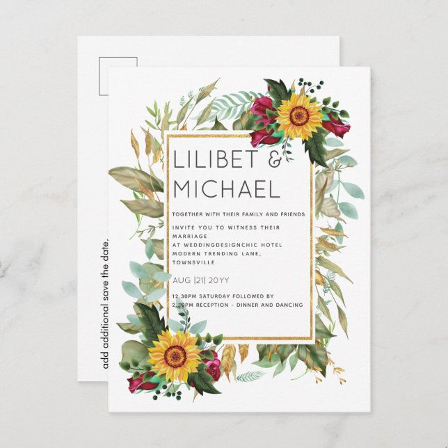 Postal Rústico del país girasoles Rosas de Borgoña Boda (Anverso / Reverso)