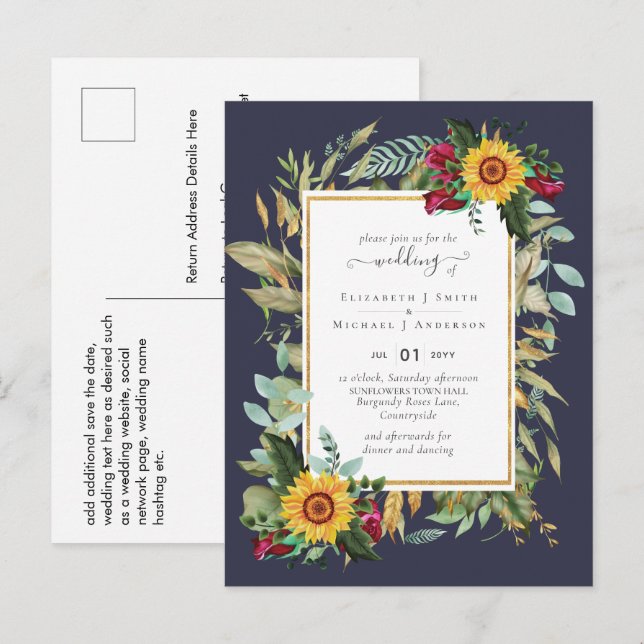 Postal Rústico del país girasoles Rosas de Borgoña Boda P (Anverso / Reverso)