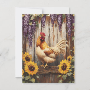 Postal Rústico gallo de cultivo con girasoles y glicinia