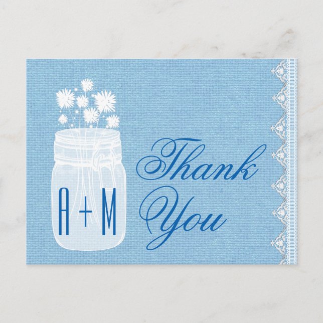 Postal Rústico Mason Jar y Flores Gracias Azul A29 (Anverso)