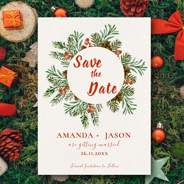Postal Rústico matrimonio de Navidades de las Berries Roj (Rustic Red Berries Christmas Wedding Save the Date Postcard)