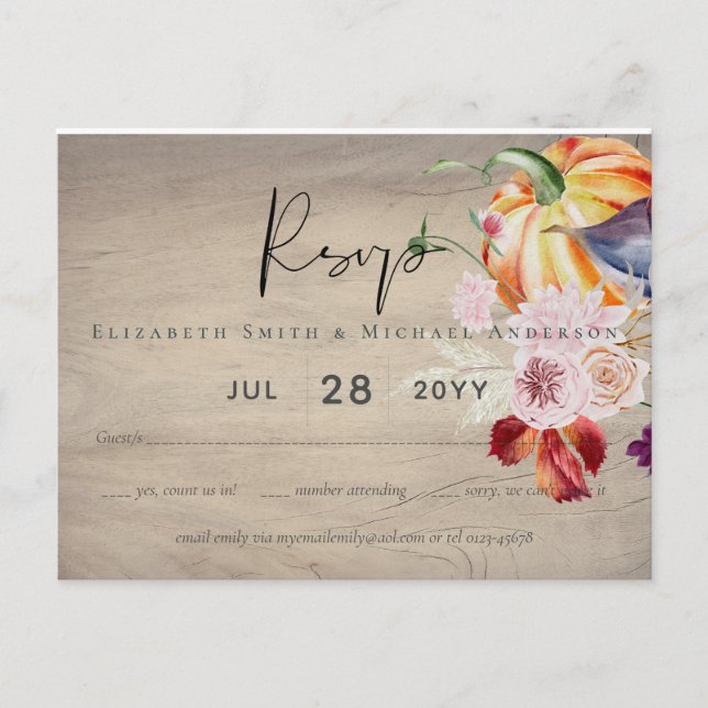 Postal Rústico otoño caída calabazas higos flores Boda (Anverso)