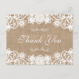 Postal Rústico País Burlap Lace Boda Gracias