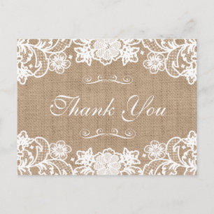 Postal Rústico País Burlap Lace Boda Gracias