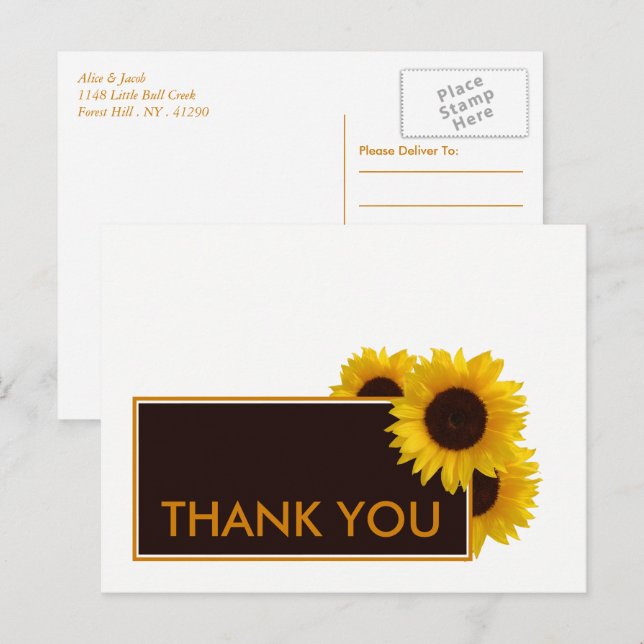 Postal Rústico País Sunflowers - Boda Gracias (Anverso / Reverso)