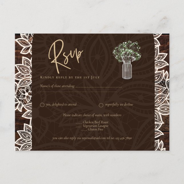Postal Rústico patio trasero Boda Wood Lace RSVP (Anverso)
