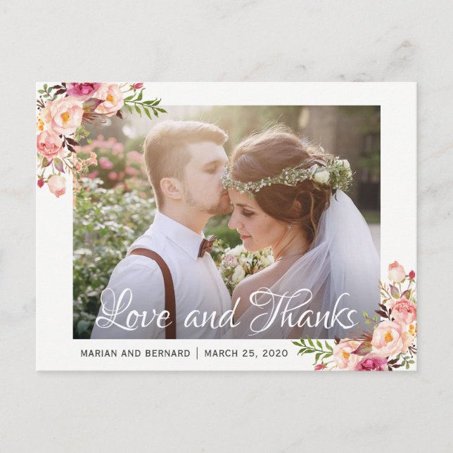 Postal Rústico romántico Boda floral gracias (Anverso)