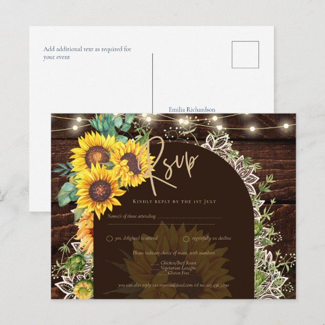 Postal Rústicos girasoles iluminan el Boda del arco de en (Anverso / Reverso)