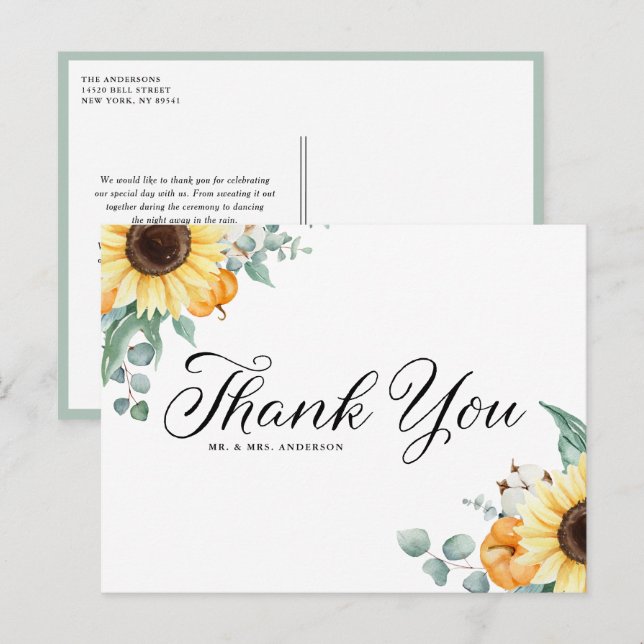 Postal Rústicos girasoles y calabazas caen gracias (Anverso / Reverso)