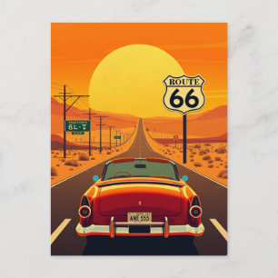 Postal Ruta 66 Atardecer Vintage Carretera con Coche