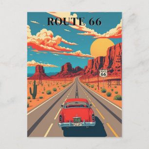 Postal Ruta 66 Auto Rojo Desierto Drive Vintage