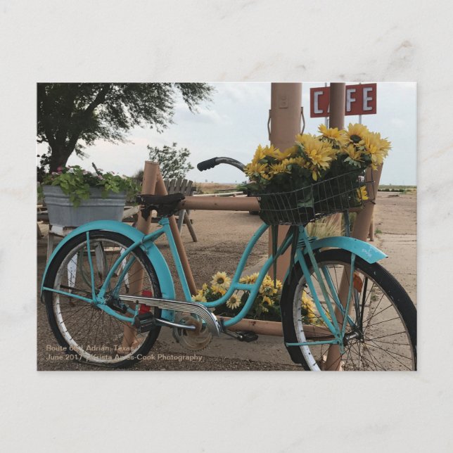 Postal Ruta 66 | Bicicleta y girasoles | Adrian, Texas (Anverso)