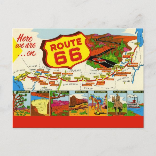 Postal Ruta 66 Retro Rojo (Anverso)