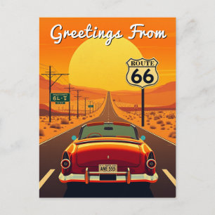 Postal Ruta 66 Vintage Sunset Highway con coche