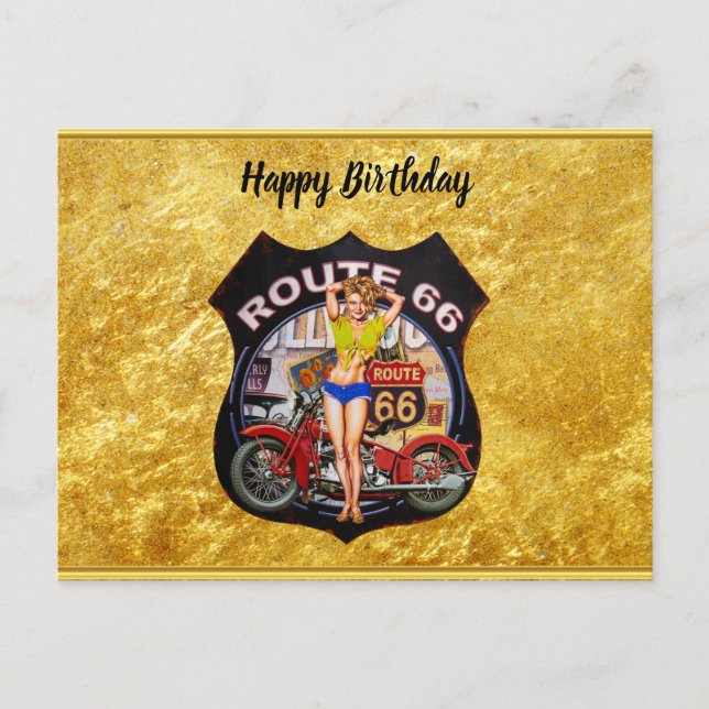 Postal Ruta americana 66 motocicleta con textura dorada (Anverso)