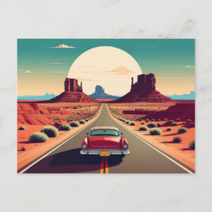 Postal Ruta Retro 66 Coche Antiguo Viaje Desierto