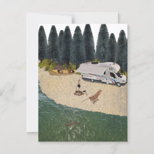 Postal RV Camper en el bosque junto al agua