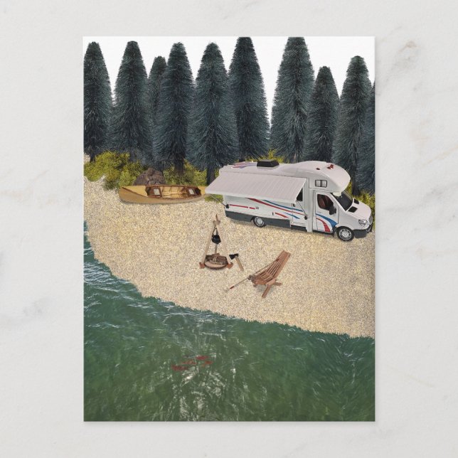 Postal RV Camper en el bosque junto al agua (Anverso)